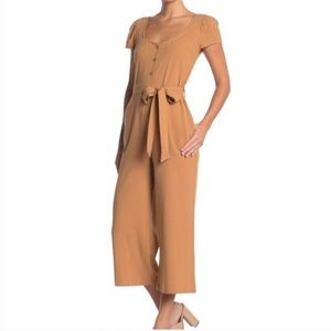 NWT! Lush Button Cropped Cotton Jumpsuit, Camel Tan Brown, Size M